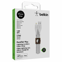 Belkin 4' Duratek Lightning Cable with Strap - White-Made using premium components, including Aramid fibers to provide lasting quality