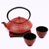 Tao Tea Leaf Large Cast Iron Tea Pot with Stand and 2 Cups, Loose Leaf, 0.8L, Red-Enamel interior coating to promote years of use