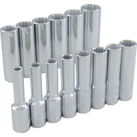 Gray Tools 14 Piece 3/8" Drive 12 Point Metric, Deep Chrome Socket Set, 6mm-19mm-Contains Sizes: 6, 7, 8, 9, 10, 11, 12, 13, 14, 15, 16, 17, 18, 19mm.