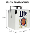 Miller Lite Retro Ice Chest Cooler with Bottle Opener 13 L (14 qt) - White and Blue-Sleek white exterior with polished chrome accents