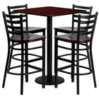 Flash Furniture 30'' Square Mahogany Laminate Table Set with Round Base and 4 Ladder Back Metal Bar Stools, Mahogany Wood Seat-Black Powder Coated Chair and Table Frame