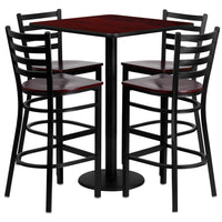 Flash Furniture 30'' Square Mahogany Laminate Table Set with Round Base and 4 Ladder Back Metal Bar Stools, Mahogany Wood Seat-Black Powder Coated Chair and Table Frame