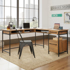 Sauder 60"W Iron City L-Desk - Checked Oak- Two drawers; lower drawer with full extension slides holds letter-size hanging files