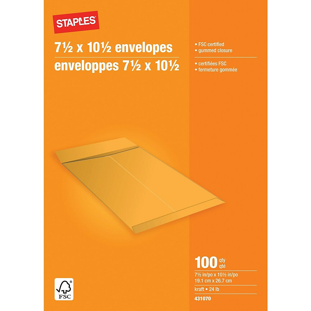 Staples Gummed Kraft Catalogue Envelopes - 7-1/2