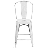 Flash Furniture 24" High Distressed Metal Indoor-Outdoor Counter Height Stool with Back - White-Bistro Style Counter Stool