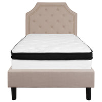 Flash Furniture Brighton Twin Size Tufted Upholstered Platform Bed in Beige Fabric with Memory Foam Mattress-Twin Platform Bed and Mattress Set