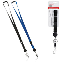 Staples Lanyard with Badge Reel - Breakaway Clasp - Black/Blue-Durable polyester with a plastic breakaway clasp and removable buckle, metal clip and key ring
