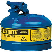 Justrite Type I Safety Cans without Funnel, 1 Gal, 9 1/2" x 11", Blue-Compliant Type I Safety Cans are designed with a single spout for filling and pouring of all types of flammable liquids