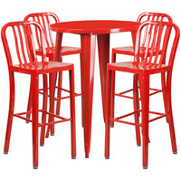 30'' Round Red Metal Indoor-Outdoor Bar Table Set with 4 Vertical Slat Back Barstools [CH-51090BH-4-30VRT-RED-GG]-Metal Cafe Bar Table