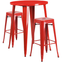 30'' Round Red Metal Indoor-Outdoor Bar Table Set with 2 Square Seat Backless Barstools (CH-51090BH-2-30SQST-RED-GG)-Indoor Outdoor Sets
