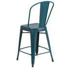 Flash Furniture 24" High Distressed Kelly Blue-Teal Metal Indoor-Outdoor Counter Height Stool with Back-Drain Holes in Seat