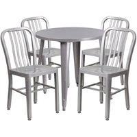 30'' Round Silver Metal Indoor-Outdoor Table Set with 4 Vertical Slat Back Chairs [CH-51090TH-4-18VRT-SIL-GG]-Metal Cafe Table
