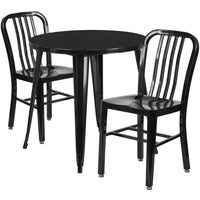 30'' Round Black Metal Indoor-Outdoor Table Set with 2 Vertical Slat Back Chairs [CH-51090TH-2-18VRT-BK-GG]-Metal Cafe Table
