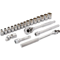 Dynamic Tools 3/8" Drive 20 Piece 6 Point, Standard Metric Socket Set, 6mm - 20mm-Contains: 6, 7, 8, 9, 10, 11, 12, 13, 14, 15, 16, 17, 18, 19, 20mm, 3" Extension, 6" Extension, Universal Joint, 8" Flex Handle, 45 Tooth Chrome Ratchet