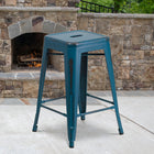 Flash Furniture Commercial Grade 24" High Backless Distressed Antique Metal Indoor-Outdoor Counter Height Stool - Blue-Seat Drain Hole assists in drying