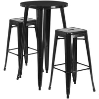 24'' Round Black Metal Indoor-Outdoor Bar Table Set with 2 Square Seat Backless Barstools (CH-51080BH-2-30SQST-BK-GG)-Indoor Outdoor Sets