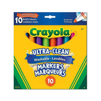 Crayola Ultra-Clean Washable Broad Line Markers, Bold Colours, 10 Pack-Specially formulated to have bright, vivid colours with a truly washable formula that easily washes off walls with warm water and a sponge