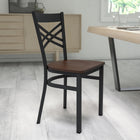 Flash Furniture HERCULES Series Black "X" Back Metal Restaurant Chair - Mahogany Wood Seat-Curved Support Bar
