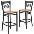 Flash Furniture HERCULES Series Black "X" Back Metal Restaurant Barstool - Natural Wood Seat - 2 Pack-"X" Back Design