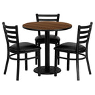 Flash Furniture 30'' Round Walnut Laminate Table Set with Round Base and 3 Ladder Back Metal Chairs, Black Vinyl Seat-Black Powder Coated Chair and Table Frame