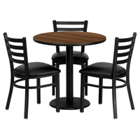Flash Furniture 30'' Round Walnut Laminate Table Set with Round Base and 3 Ladder Back Metal Chairs, Black Vinyl Seat-Black Powder Coated Chair and Table Frame