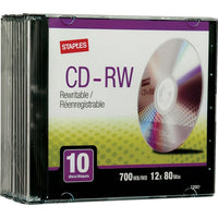 Staples CD-RW 12x 700MB/80min, Slim Jewel Cases, 10-Pack-CD-RW media features the convenience of rewritability, noise-free playback and is highly compatible with all CD-RW drives