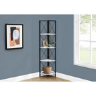 Monarch Specialties 3651 60"H Bookcase - White Marble/Black Metal Corner-4 tier metal etagere bookcase with evenly-spaced, fan-shaped shelves in white marble-look finish