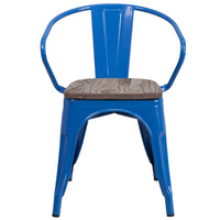 Flash Furniture Metal Chair with Wood Seat & Arms - Blue-Set of 4 Stackable Bistro Style Chairs