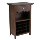 Winsome Wine Cabinet with Drawer and Glass Rack, Antique Walnut-With room for up to 20 bottles, wine glasses and a drawer for accessories, the Regalia Wine Cabinet holds everything necessary for preparing and enjoying a glass of wine.
