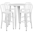 30'' Round White Metal Indoor-Outdoor Bar Table Set with 4 Vertical Slat Back Barstools [CH-51090BH-4-30VRT-WH-GG]-Metal Cafe Bar Table