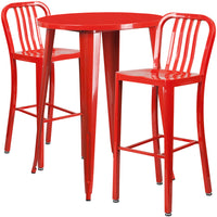 30'' Round Red Metal Indoor-Outdoor Bar Table Set with 2 Vertical Slat Back Barstools [CH-51090BH-2-30VRT-RED-GG]-Metal Cafe Bar Table