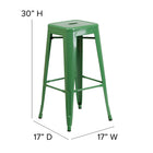 Flash Furniture 30" High Backless Green Metal Indoor-Outdoor Barstool with Square Seat-Drain Hole in Seat