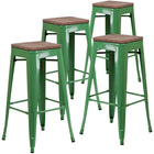 Flash Furniture 30" High Backless Green Metal Barstool with Square Wood Seat-Set of 4 Stackable Industrial Style Modern Stools