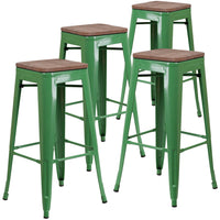 Flash Furniture 30" High Backless Green Metal Barstool with Square Wood Seat-Set of 4 Stackable Industrial Style Modern Stools