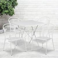 28'' Square White Indoor-Outdoor Steel Folding Patio Table Set with 4 Round Back Chairs [CO-28SQF-03CHR4-WH-GG]-Set Includes Folding Table and 4 Chairs