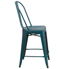 Flash Furniture 24" High Distressed Kelly Blue-Teal Metal Indoor-Outdoor Counter Height Stool with Back-Curved Back with Vertical Slat