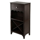 Winsome Ancona Modular Wine Cabinet with One Drawer, Glass Rack, X Shelf, Espresso-Add this compact Ancona Wine Modular unit to your home. Create a unique look with one unit or any combination of the three styles available.  This unit has a drawer for your accessories, glass hangers and wine storage.  Overall assembled size is 37.52" H. x 19.009" W. x 12.60" D.  Insider drawer dimension is 4.65" H. x 15.47" W. x 9.25" D.  Glass hanger inside clearance is 9.06" H. x 16.73" W. x 11.10" D.  Four sections of wi