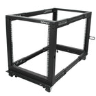 StarTech 12U Adjustable Depth Open Frame 4 Post Server Rack with Casters/Levelers And Cable Management Hooks-Mount your equipment easily, with clearly marked rack units (U) and depth