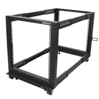StarTech 12U Adjustable Depth Open Frame 4 Post Server Rack with Casters/Levelers And Cable Management Hooks-Mount your equipment easily, with clearly marked rack units (U) and depth