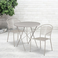 30'' Round Light Grey Indoor-Outdoor Steel Folding Patio Table Set with 2 Round Back Chairs [CO-30RDF-03CHR2-SIL-GG]-Set Includes Folding Table and 2 Chairs