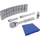 Gray Tools 15 Piece 3/8" Drive 12 Point SAE, Deep Chrome Socket & Attachment Set-Contains: 3/8", 7/16", 1/2", 9/16", 5/8", 11/16", 3/4", 13/16", 7/8", 15/16", 1" sockets, Tooth Reversible Ratchet, U-Joint, and 3" & 6" Extensions.