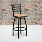 Flash Furniture HERCULES Series Black Ladder Back Swivel Metal Barstool - Natural Wood Seat-16 Gauge Steel Frame