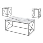 Monarch Specialties 7953P Table Set - 3Pcs Set/White Marble/Silver Metal-3-piece table set for living room includes coffee table and 2 end tables