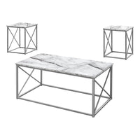 Monarch Specialties 7953P Table Set - 3Pcs Set/White Marble/Silver Metal-3-piece table set for living room includes coffee table and 2 end tables