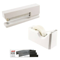 JAM Paper Office & Desk Sets, Tape Dispenser Stapler Pack of Staples, White and Black (33758WHBK)-Colour: White