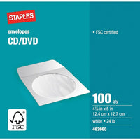 Staples White CD/DVD Envelopes - 4-7/8" x 5" - 100 Pack-4-7/8" x 5"