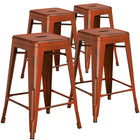 Flash Furniture Commercial Grade 24" High Backless Distressed Orange Metal Indoor-Outdoor Counter Height Stool-Set of 4 Stackable Industrial Style Modern Stools