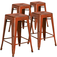 Flash Furniture Commercial Grade 24" High Backless Distressed Orange Metal Indoor-Outdoor Counter Height Stool-Set of 4 Stackable Industrial Style Modern Stools