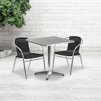 Flash Furniture 27.5'' Square Aluminum Indoor-Outdoor Table with 2 Black Rattan Chairs (TLH-ALUM-28SQ-020BKCHR2-GG)-Aluminum, Black