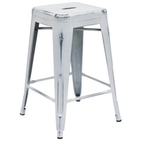 Flash Furniture 24" High Backless Distressed Metal Indoor-Outdoor Counter Height Stool - White-Stackable Industrial Style Modern Stool